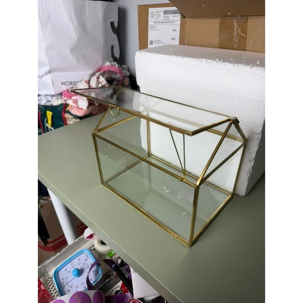 NIB Brass Glass House Terrarium Wedding Card Box Keepsake Large Display Case